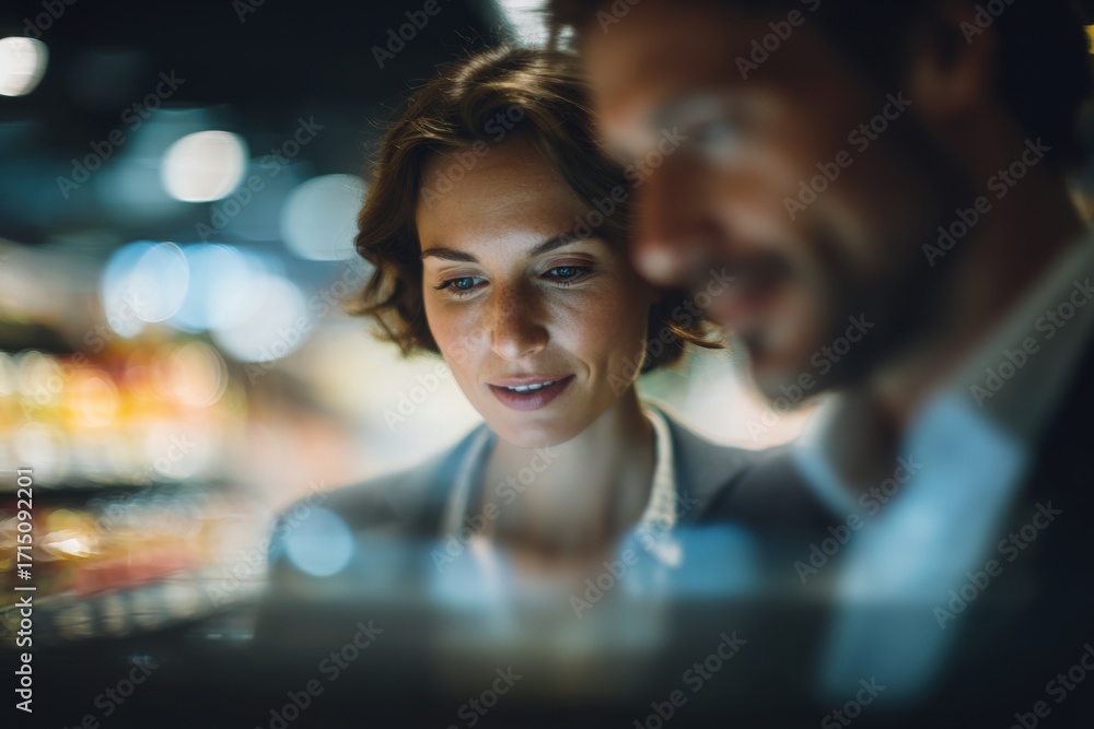 Two professionals are looking at products in a contemporary retail environment.