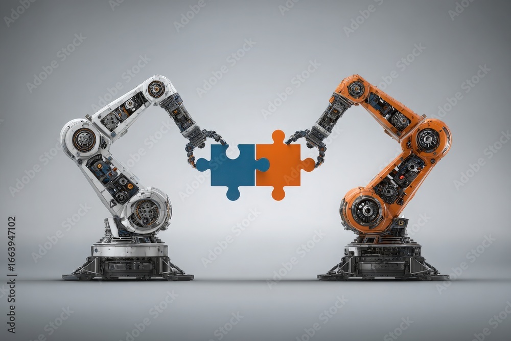 Two robotic arms, one white and the other orange, are positioned facing each other as they connect a blue and orange puzzle piece. This collaboration illustrates advanced automation technology.