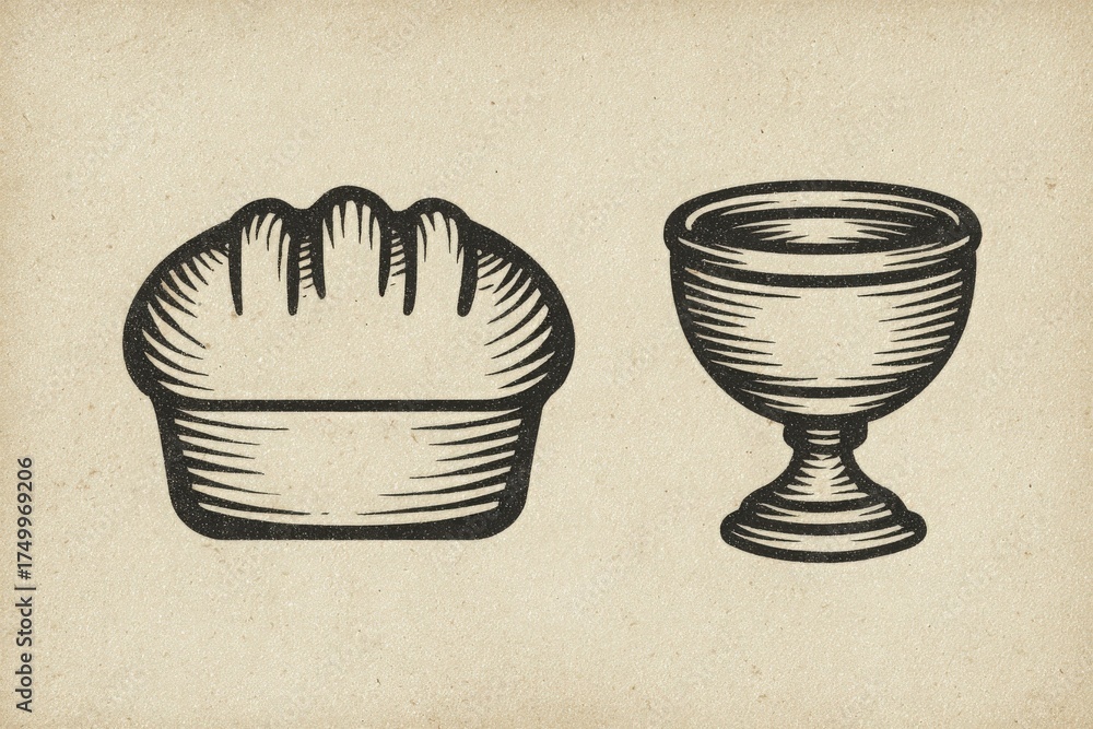 Two simple, elegant drawings show a loaf of bread and a decorative goblet against a textured background. The intricate details highlight classic design elements from a bygone era.