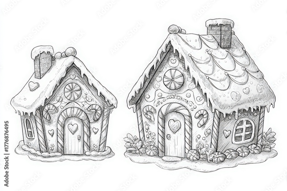 Two winter cottages are illustrated with playful details such as hearts and snow-covered roofs. The cozy homes are set against a blank background, highlighting their charm and creativity.