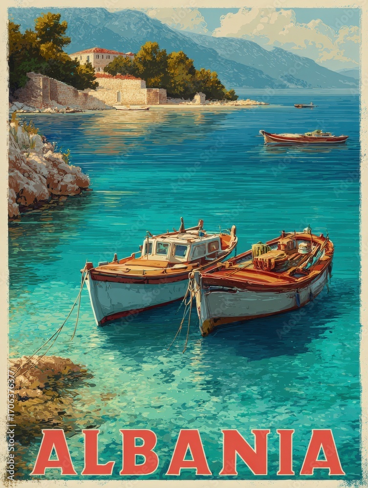 Two wooden boats are moored in the clear blue waters of Albanias coast. The scenic backdrop features lush green hills and rocky shores. It is a calm, sunny day, perfect for relaxation.