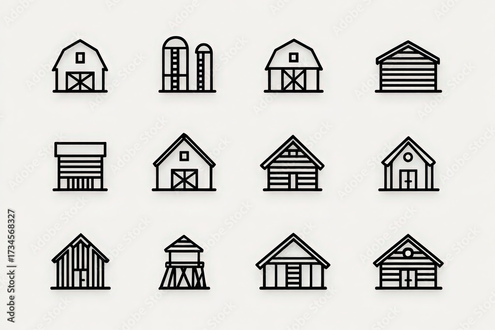 Various simple line drawings feature different types of barns and farm buildings. These designs can be used in agricultural themes, illustrating rural life and farm activities.