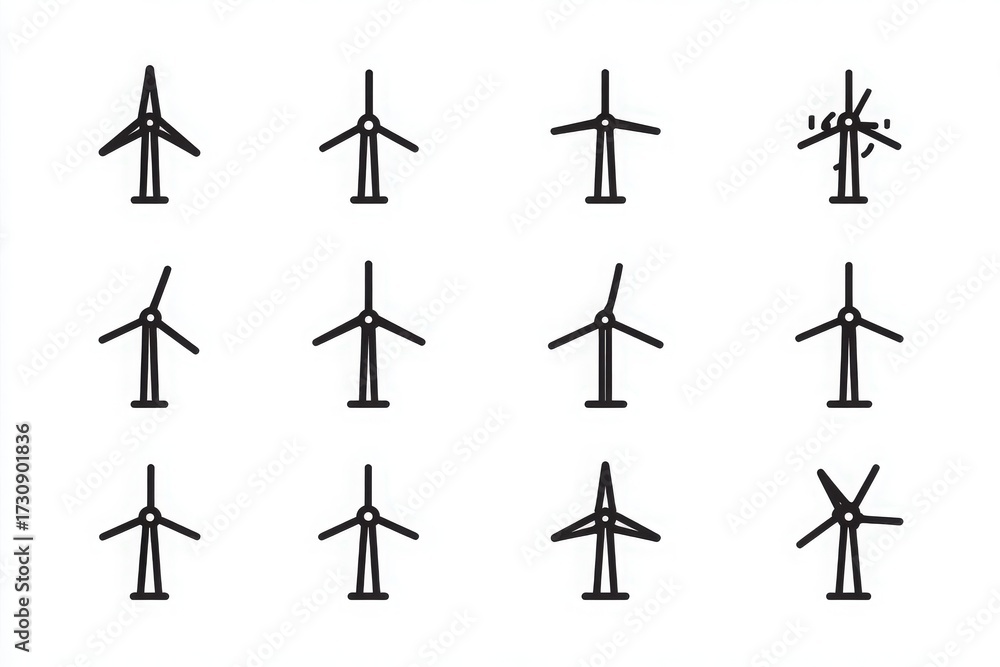 Various wind turbine designs are shown in different orientations. This representation highlights the importance of wind energy as a renewable resource. The arrangement emphasizes sustainability.