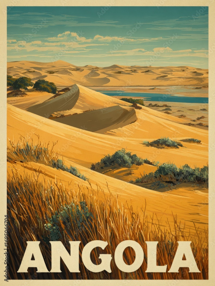 Vast golden sand dunes stretch across the landscape of Angola, with sparse vegetation dotting the terrain. A calm body of water reflects the soft blue sky, creating a peaceful and natural vista.