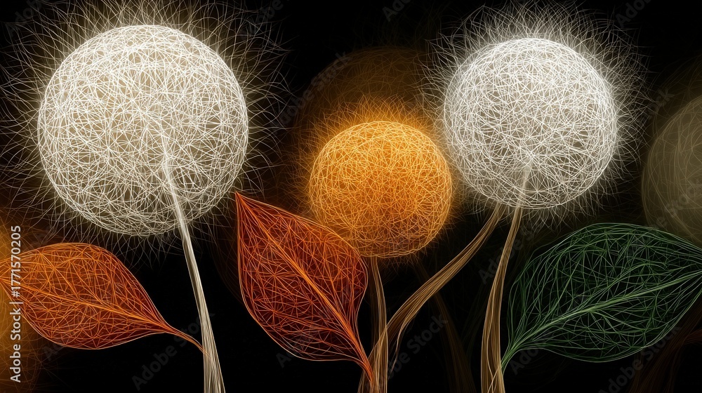 Vibrant abstract flowers glow against a dark background. The flowers appear as bright orbs with intricate lines. Each flower has leaves in rich colors, creating a lively scene.