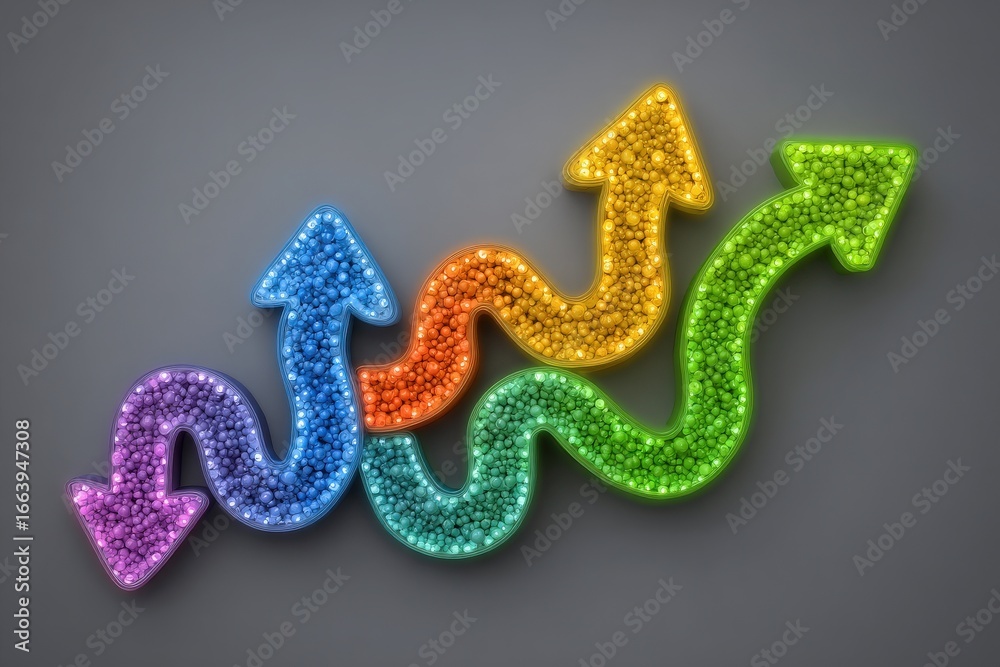 Vibrant arrows in blue, orange, purple, and green create a dynamic visual of growth and progress against a dark background, showcasing a playful blend of shapes and colors.