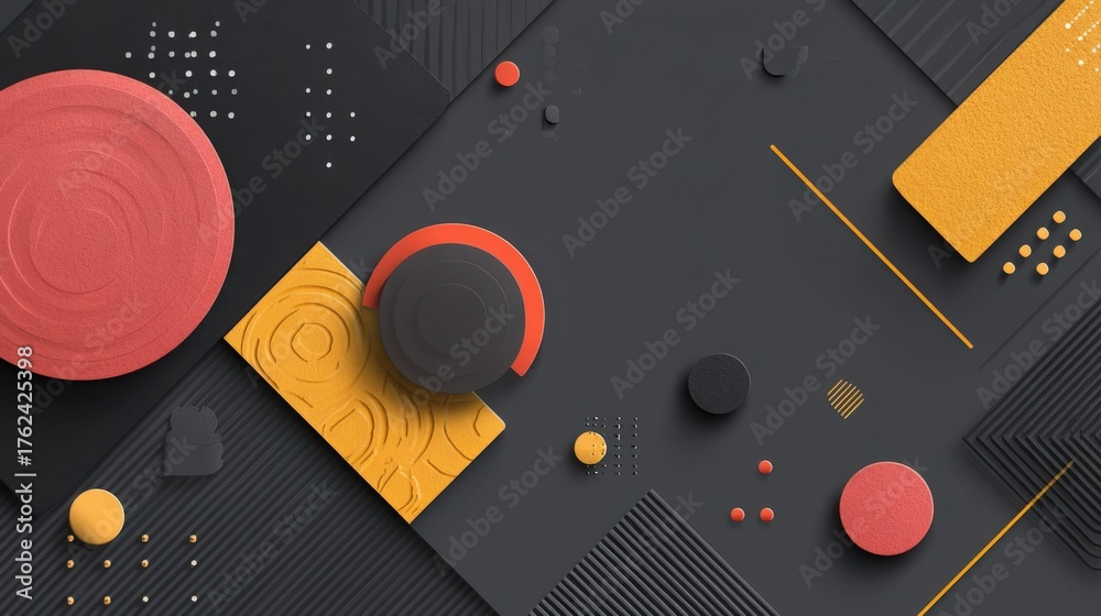 Vibrant colored circles and rectangles are arranged on a dark surface, creating an abstract and modern design. The composition features different shapes and textures, showcasing artistic creativity.