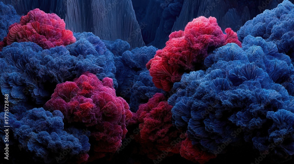 Vibrant formations of red and blue swirl together, creating a stunning abstract landscape. Dark cliffs rise in the background, enhancing the visual contrast and depth of the scene.