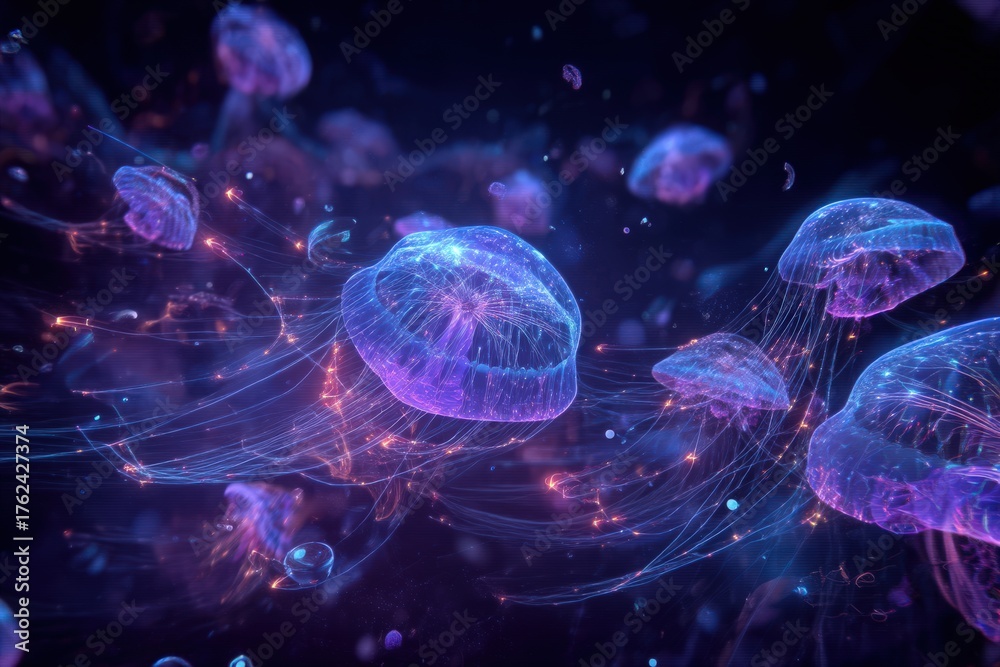Vibrant jellyfish illuminate the dark waters as they float elegantly with bioluminescent trails. This underwater scene captures the beauty of marine life at night, showcasing soft colors and motion.