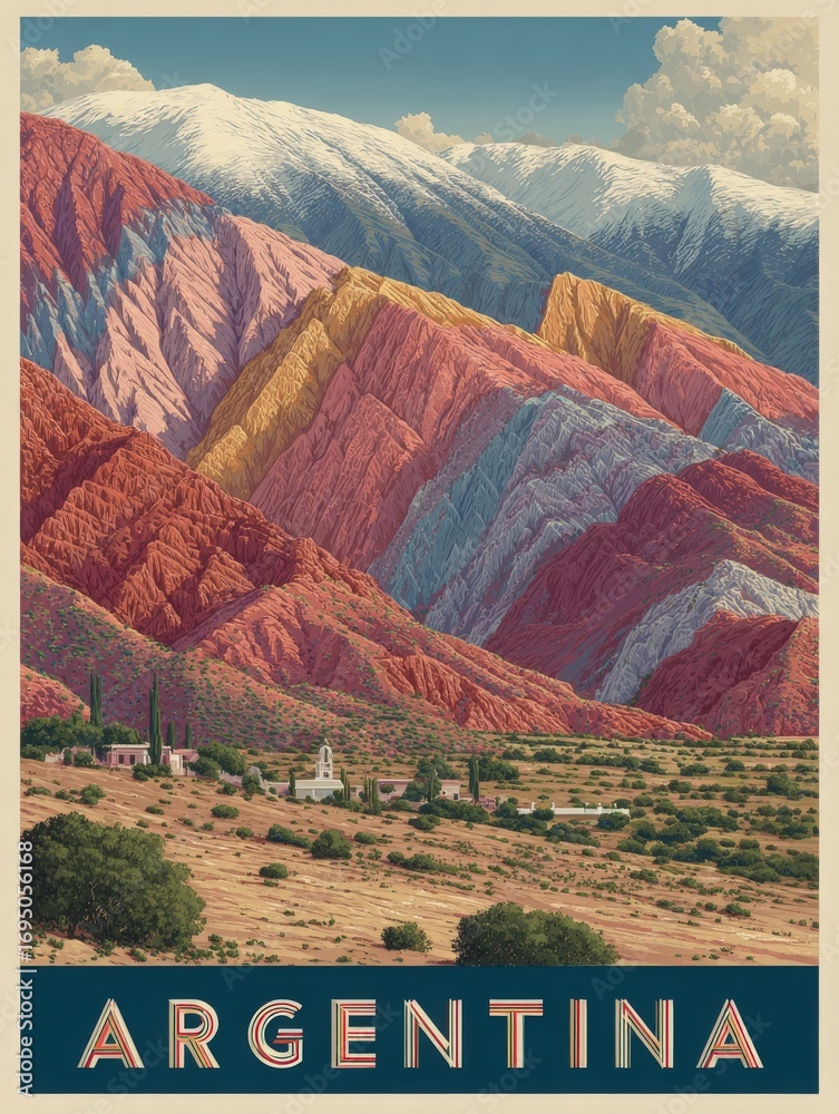 Vibrant mountains with shades of red, orange, and blue rise majestically in Argentina. A quaint village sits at the base, surrounded by lush greenery and rolling hills under a clear sky.