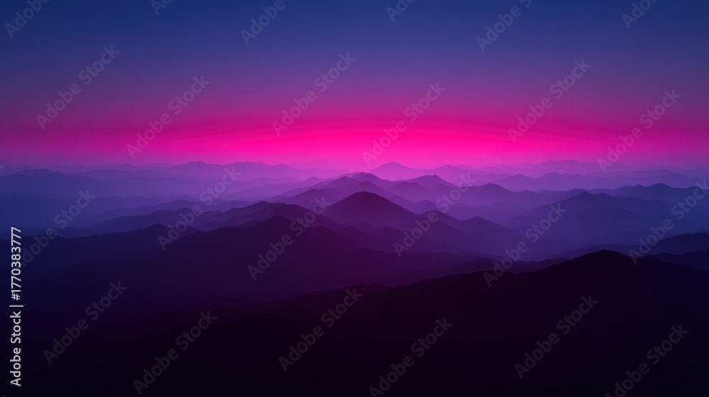 Vibrant purple and pink colors blend beautifully at sunset, casting a serene glow over the mountain range. The silhouettes of the peaks create a tranquil landscape scene filled with depth and beauty.