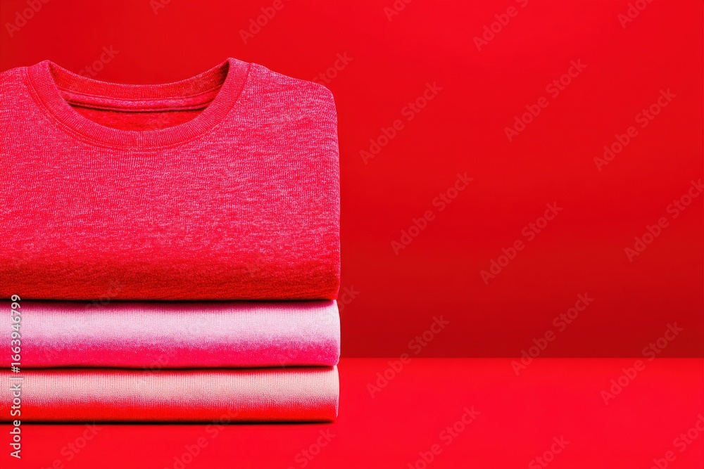 Vibrant red and pink clothes are neatly stacked against a bright red backdrop. The arrangement highlights the texture and color of the fabric in a visually appealing manner.