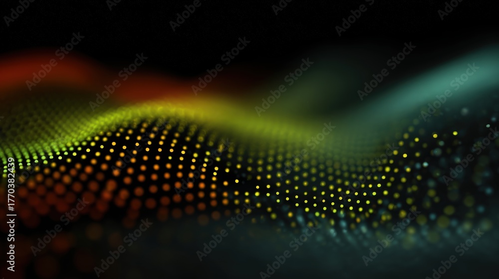 Vibrant wave patterns flow across a dark background, showcasing a blend of green, orange, and yellow dots. The design creates a sense of depth and movement that captivates the viewer.