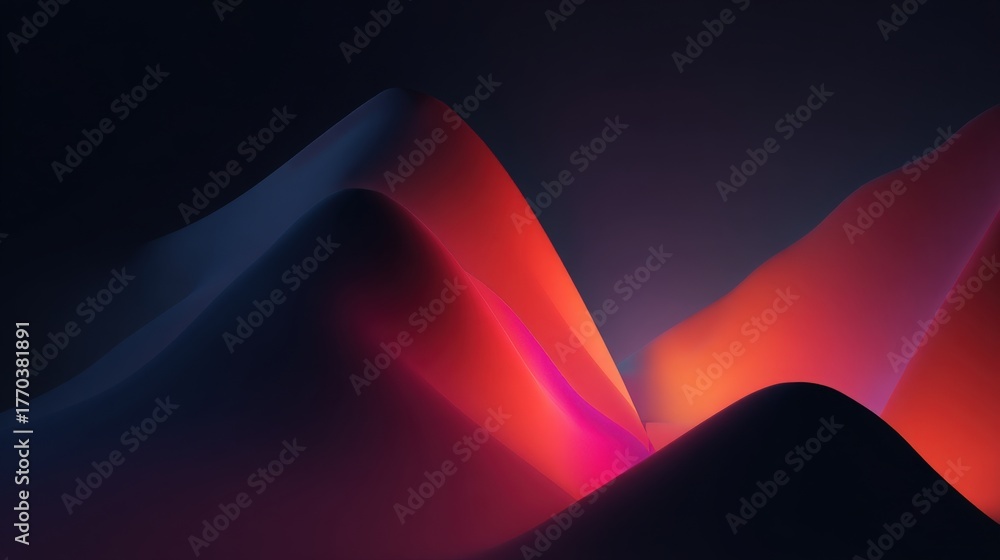 Vibrant waves of color flow across the dark background, creating an abstract landscape that showcases smooth gradients of red, orange, and blue. This scene evokes a sense of depth and movement.