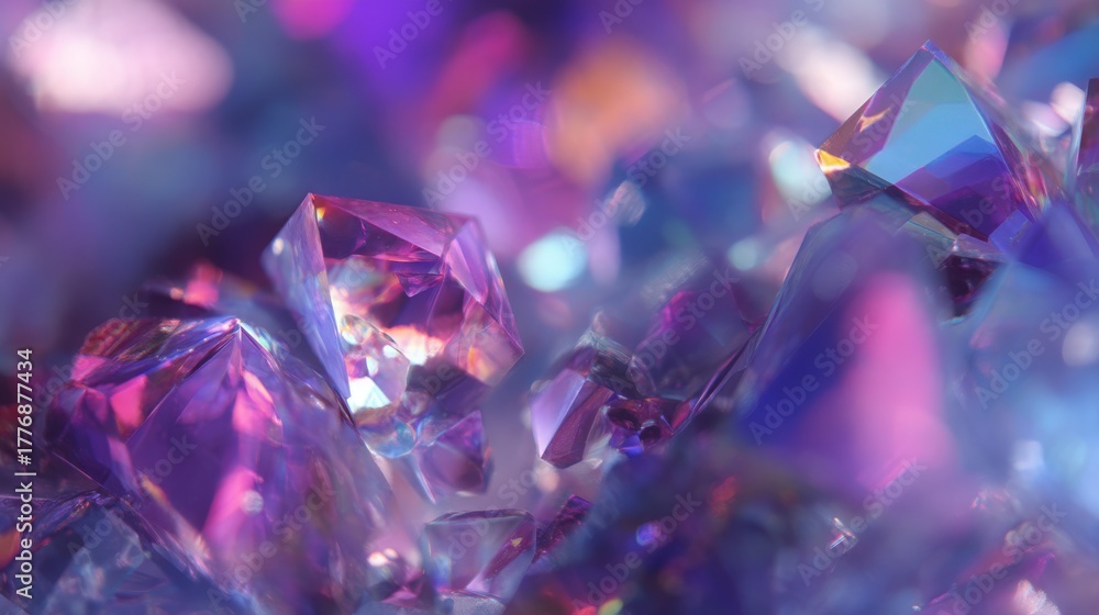 Vivid crystals are closely grouped, displaying intricate shapes and vibrant colors. Light reflects off their surfaces, creating a captivating display of purple, blue, and pink tones.