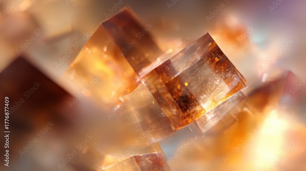 Warm light reflects off intricate crystal structures, showcasing their clear and amber hues. The natural beauty highlights the unique shapes and textures of each crystal cluster.