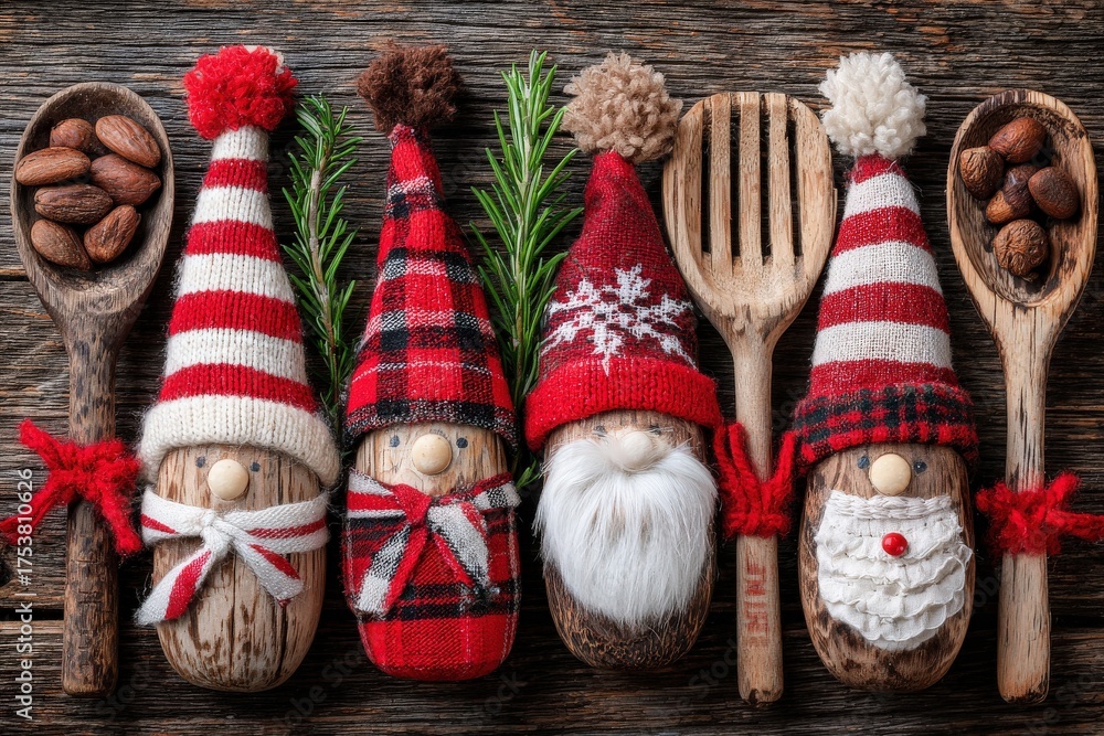 Wooden figures adorned in colorful hats and festive decor sit on a rustic table alongside wooden spoons and nuts. They capture the spirit of the holiday season with charming designs.
