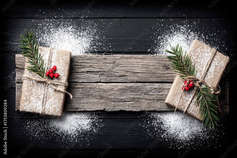 Wrapped gifts sit on a rustic wooden surface, adorned with greenery and red berries. Snow-like powder adds to the warm, festive atmosphere, ideal for the holiday season.