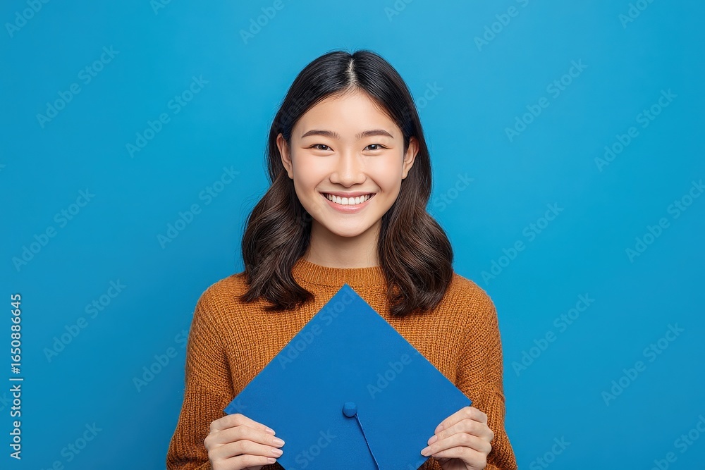 Young woman celebrates her graduation by smiling and holding a blue cap against a vibrant blue wall. Her joyful expression conveys pride and accomplishment in her achievement.