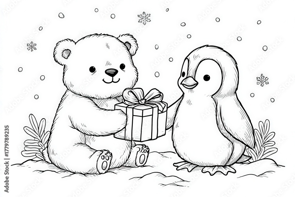 A bear and a penguin share a joyful moment as the bear hands a small gift to the penguin. Snowflakes gently fall around them, creating a cozy winter atmosphere.