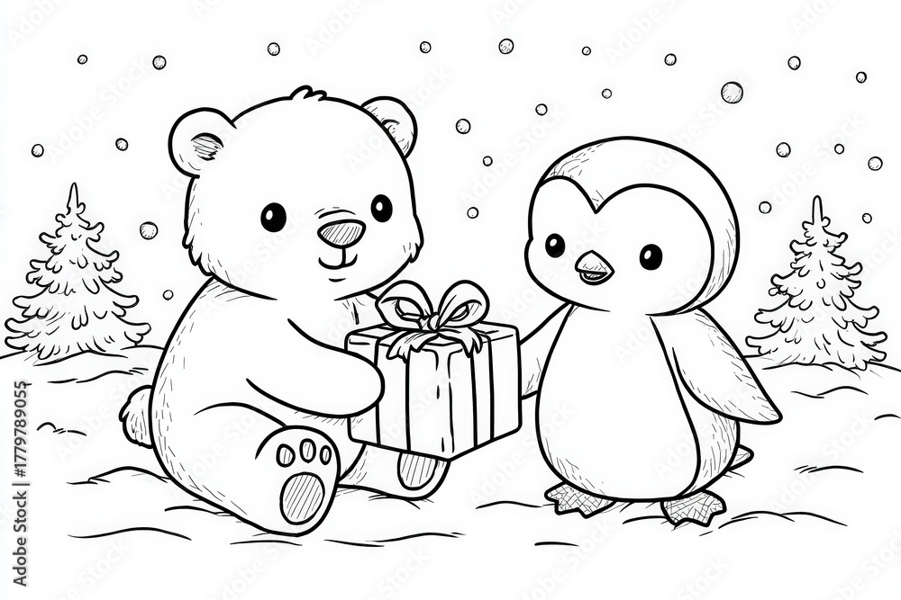 A bear and a penguin sit together in the snow, surrounded by trees. The bear holds a gift wrapped with a bow, looking happily at the penguin, who presents the gift. Snowflakes fall gently.