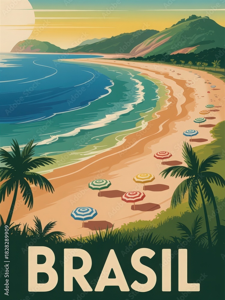 A beautiful Brazilian beach stretches along the shoreline with soft waves. Colorful umbrellas dot the sandy area as the sun sets behind lush hills, creating a peaceful and vibrant atmosphere.