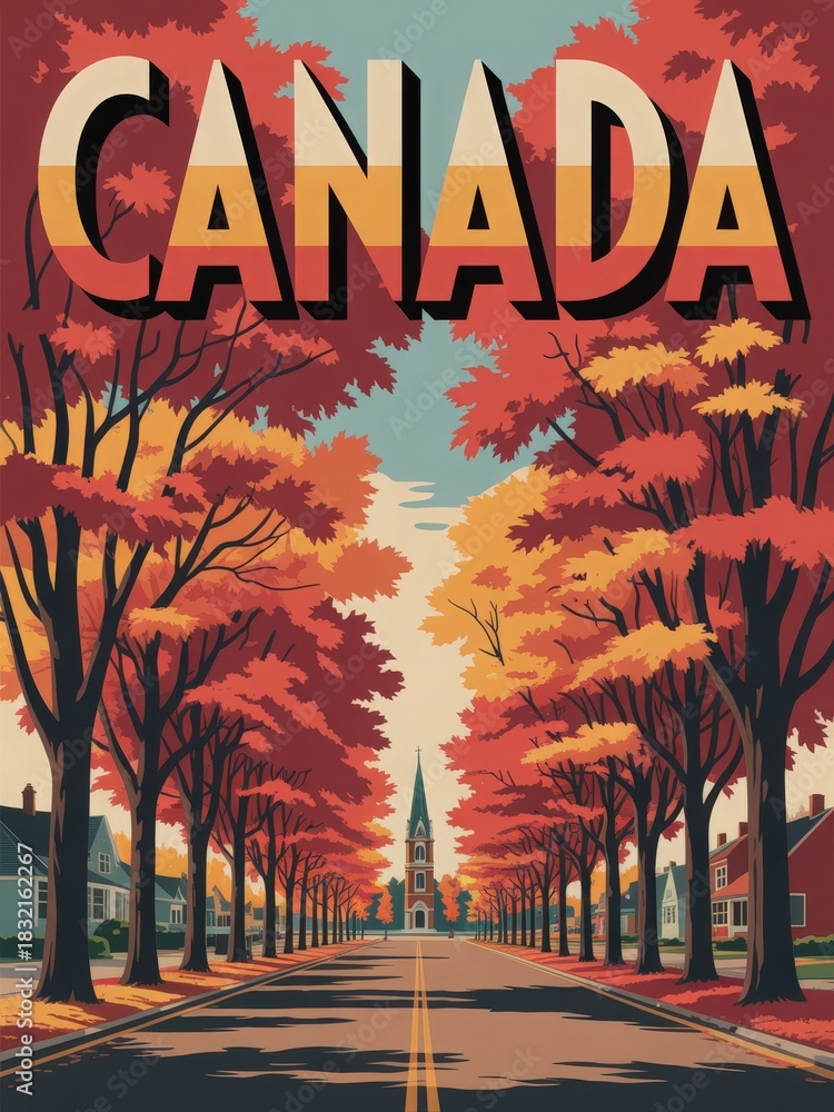 A beautiful autumn day in Canada with vibrant orange and yellow trees lining the street. A quaint church stands in the distance, creating a picturesque backdrop.