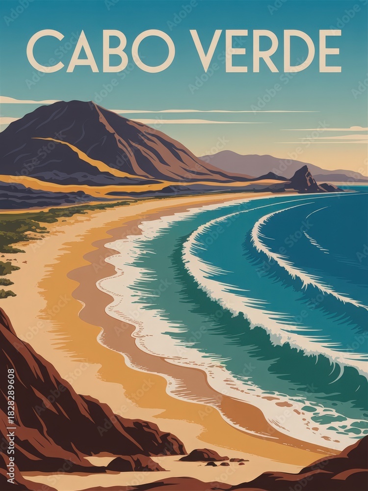 A beautiful landscape shows the coastline of Cabo Verde featuring golden sandy beaches, rolling waves, and rocky mountains in the background. Clear skies enhance the serene atmosphere.