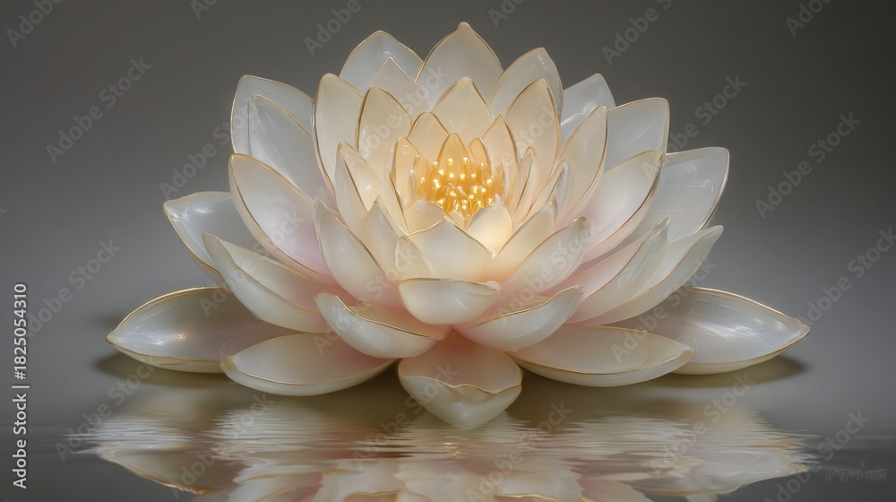 A beautiful lotus flower rests on still water, showcasing its soft petals and bright center. The gentle reflection on the water adds to the serene atmosphere of the scene.