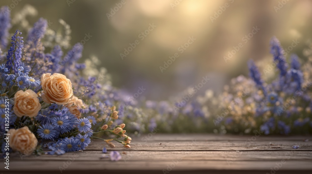 A beautiful mix of yellow roses and blue asters decorates a wooden table. Soft, warm evening light highlights the flowers, creating a serene and inviting atmosphere in a natural setting.