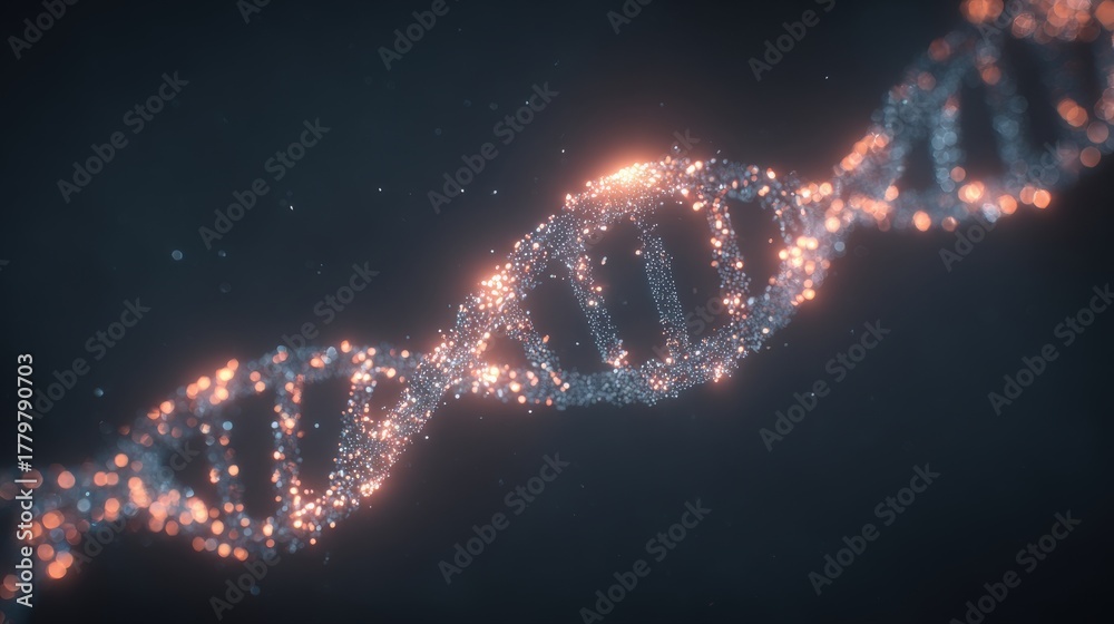 A beautiful representation of DNA strands floats in a dark, cosmic atmosphere.