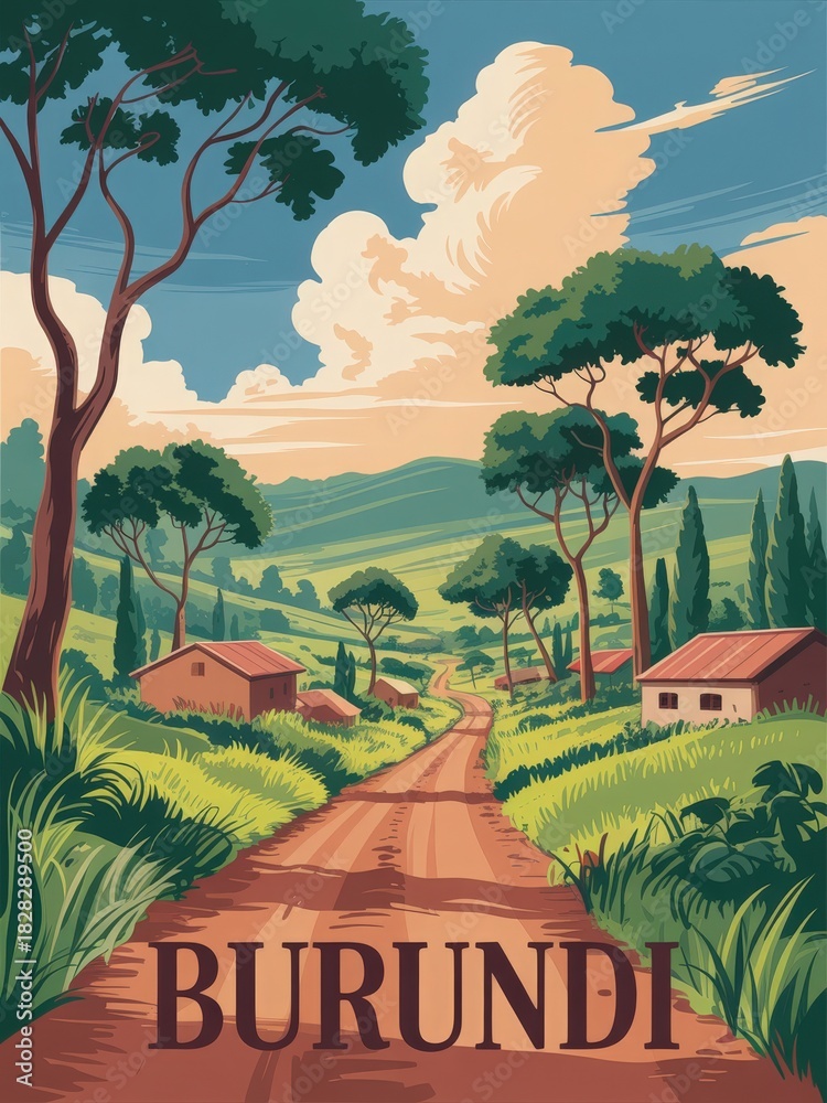 A beautiful rural scene in Burundi features a winding dirt road surrounded by tall trees and green hills. Traditional homes dot the landscape, set against a vibrant sky filled with clouds.