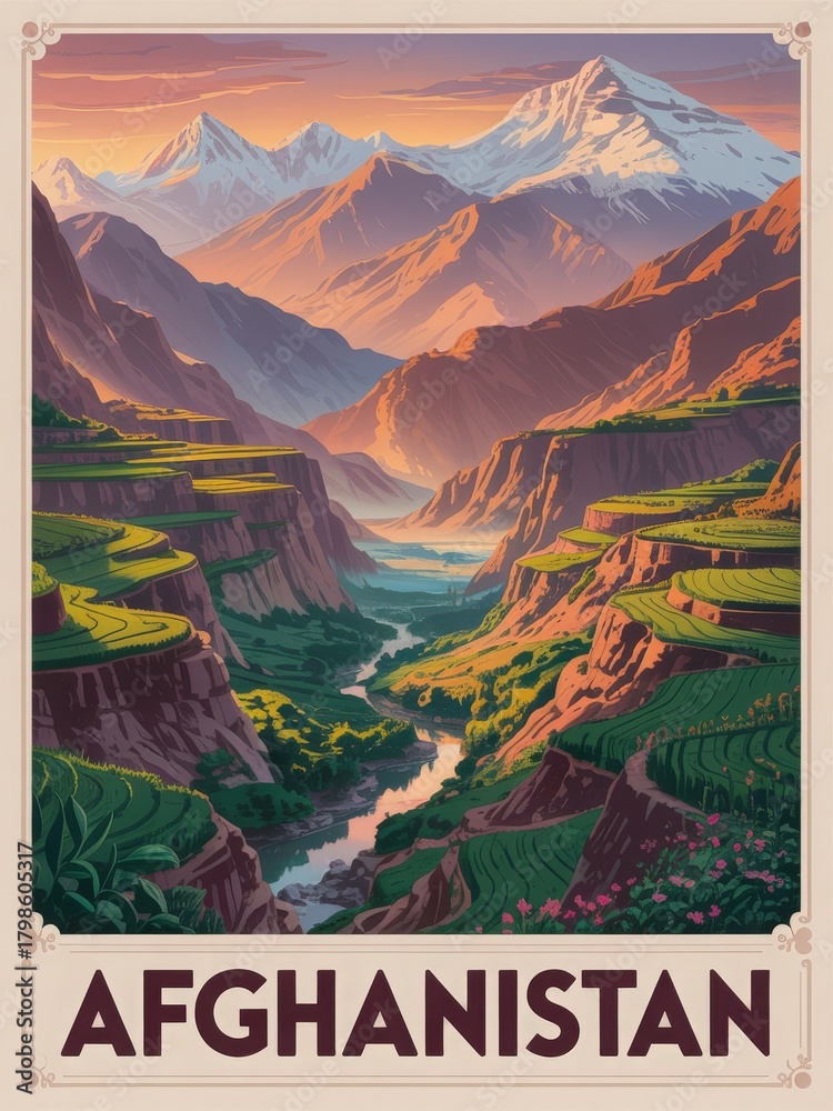 A beautiful scene captures the breathtaking valleys of Afghanistan. Rolling hills are adorned with vibrant greenery, while snow-capped mountains rise majestically against a colorful sky at dusk.