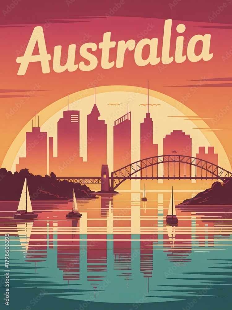 A beautiful sunset casts warm colors over a city skyline in Australia. Sailboats glide on calm waters near a well-known bridge, reflecting the vibrant hues of the sky.