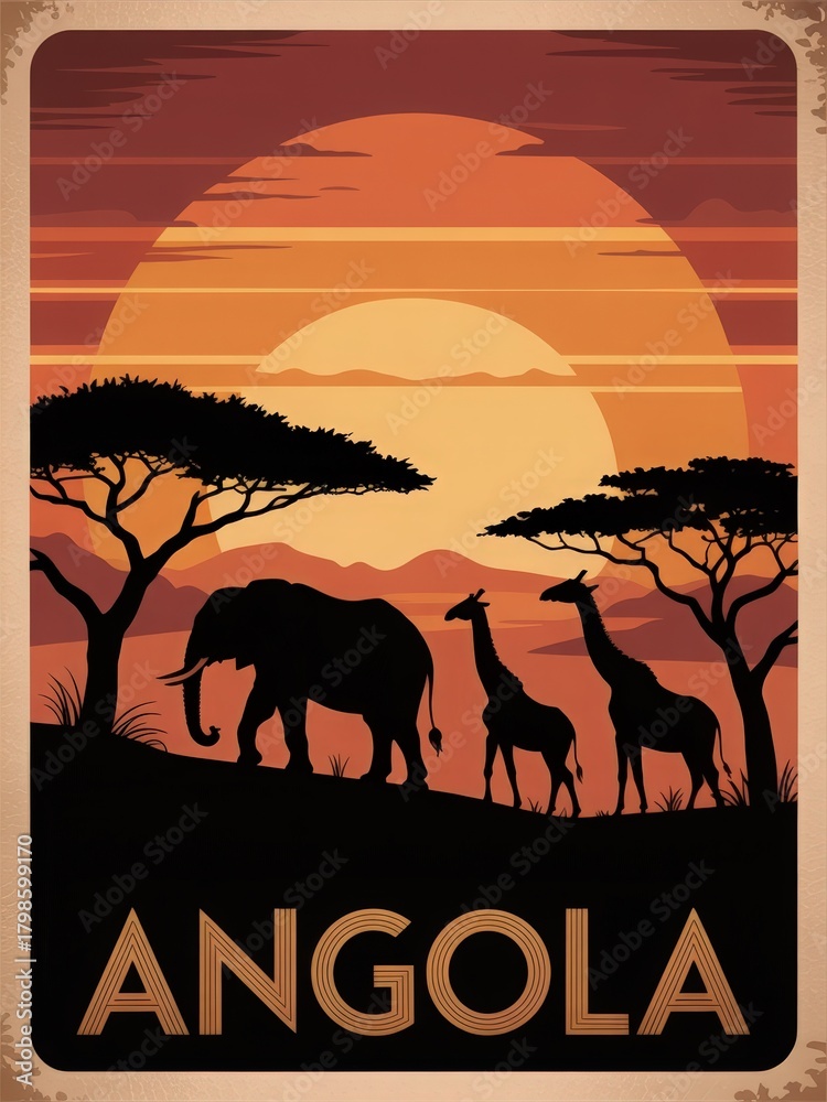 A beautiful sunset casts warm shades over an African landscape in Angola, featuring a majestic elephant and graceful giraffes standing among silhouette trees. The scene captures natures beauty.