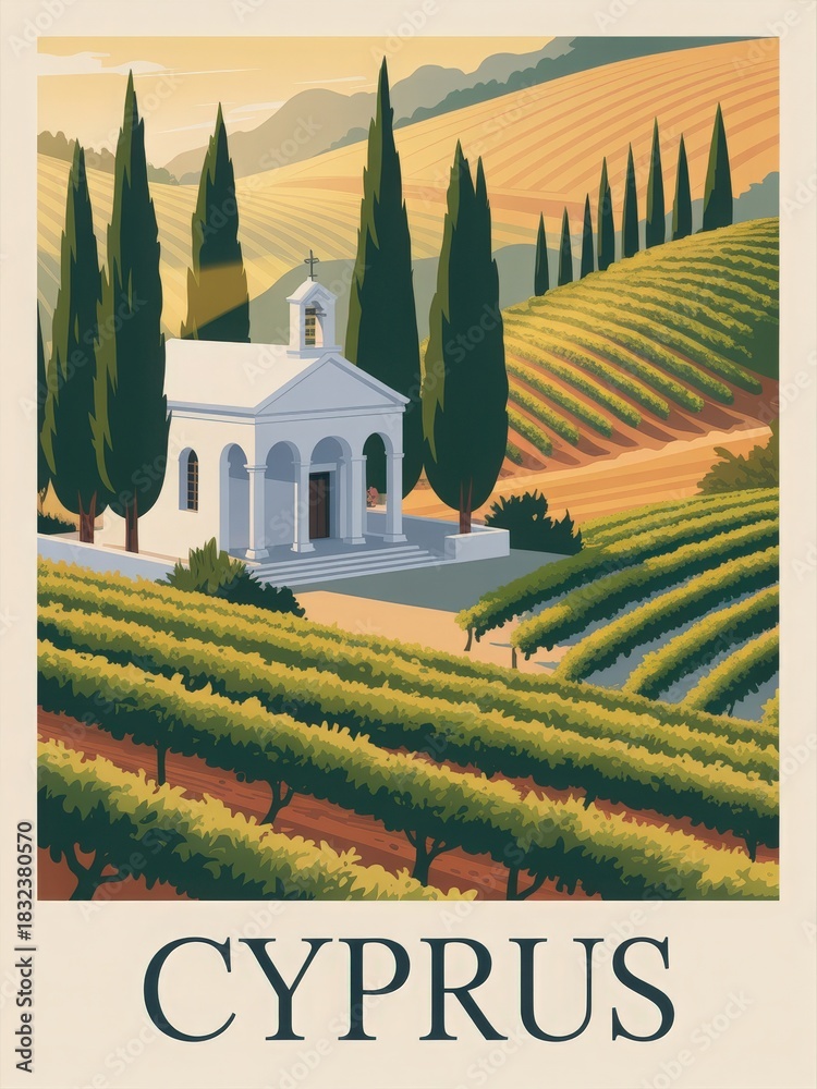 A beautiful view showcases lush vineyards stretching across rolling hills in Cyprus, highlighted by an elegant white chapel. Tall cypress trees stand nearby, enhancing the tranquil scene.