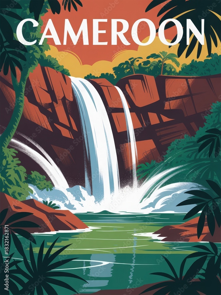 A beautiful waterfall flows from rocky cliffs into a serene pool surrounded by vibrant greenery. The sunset casts warm colors on the landscape, creating a peaceful atmosphere in Cameroon.