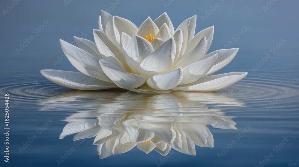 A beautiful white lotus flower blooms on calm water, creating clear reflections. The serene scene captures the delicate petals and the softness of the surroundings, evoking tranquility.