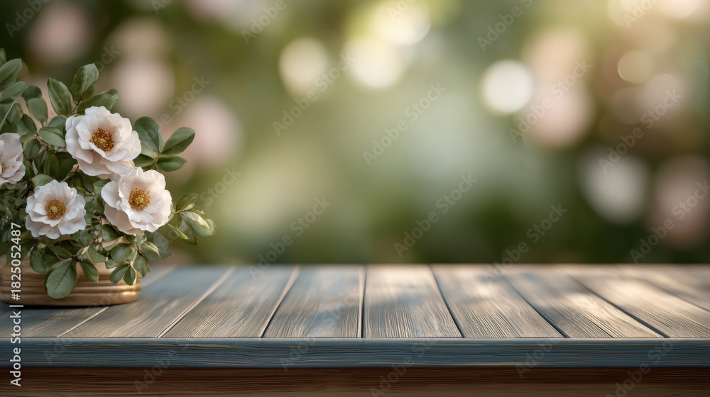 A beautifully arranged bunch of white flowers with yellow centers sits on a rustic wooden table. The background features a soft, blurred garden scene, creating a calm and peaceful atmosphere.