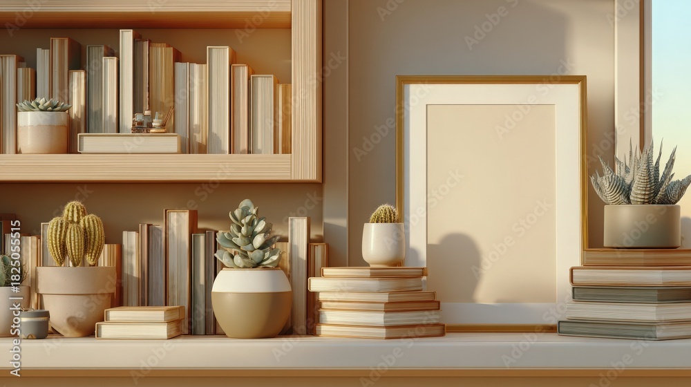 A beautifully arranged shelf showcases various plants in ceramic pots alongside neatly stacked books. The warm color palette and natural textures create a calming atmosphere.
