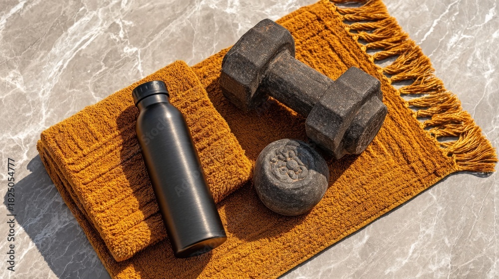 A black water bottle, a dumbbell, and a round weight are neatly placed on an orange towel. The items sit on a smooth gray marble background, ready for a fitness session.