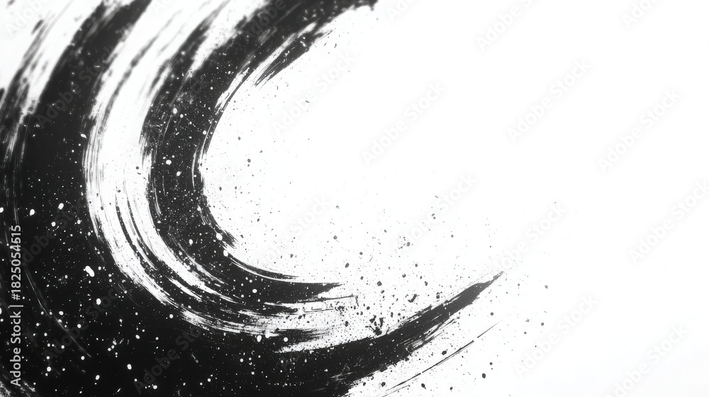 A bold black brush stroke sweeps across a light backdrop, creating an impression of movement and fluidity. The texture and splatter add depth and excitement to the composition.