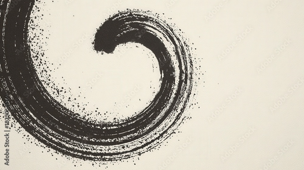 A bold black brushstroke forms a graceful swirl against a soft, light background, creating a sense of movement and simplicity. The artwork emphasizes minimalism and contrasts sharply with the surface.
