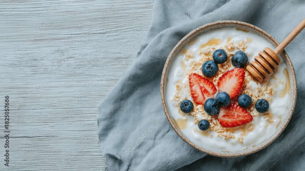 A bowl filled with creamy yogurt topped with fresh strawberries and blueberries rests on a textured gray cloth. A wooden honey dipper lies beside the bowl, adding a touch of sweetness.