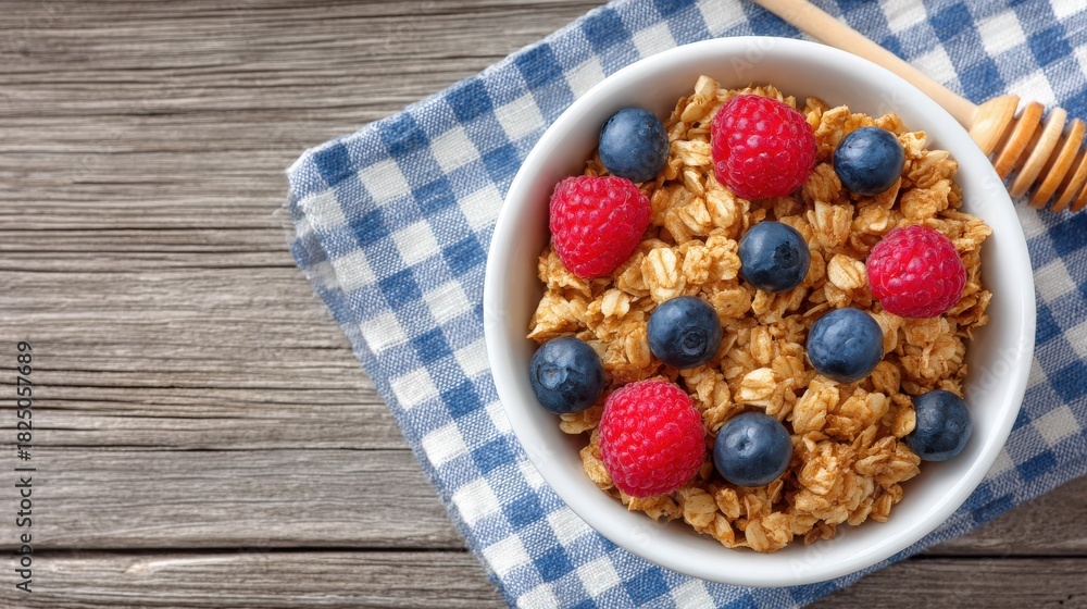 A bowl filled with crunchy oats, vibrant blueberries, and fresh raspberries sits on a checkered cloth. A wooden honey dipper rests beside the bowl, perfect for adding sweetness.