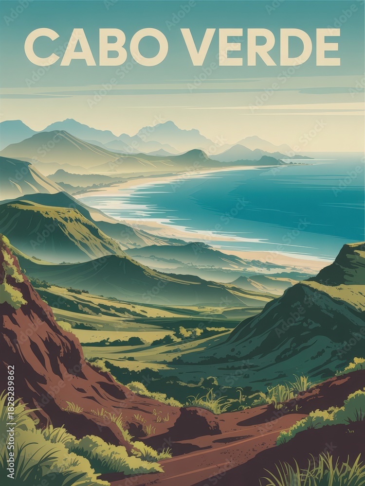 A breathtaking panorama of Cabo Verde showcases the coastline with gentle waves and a backdrop of rolling mountains. Lush green hills lead to the azure sea, creating a serene landscape.