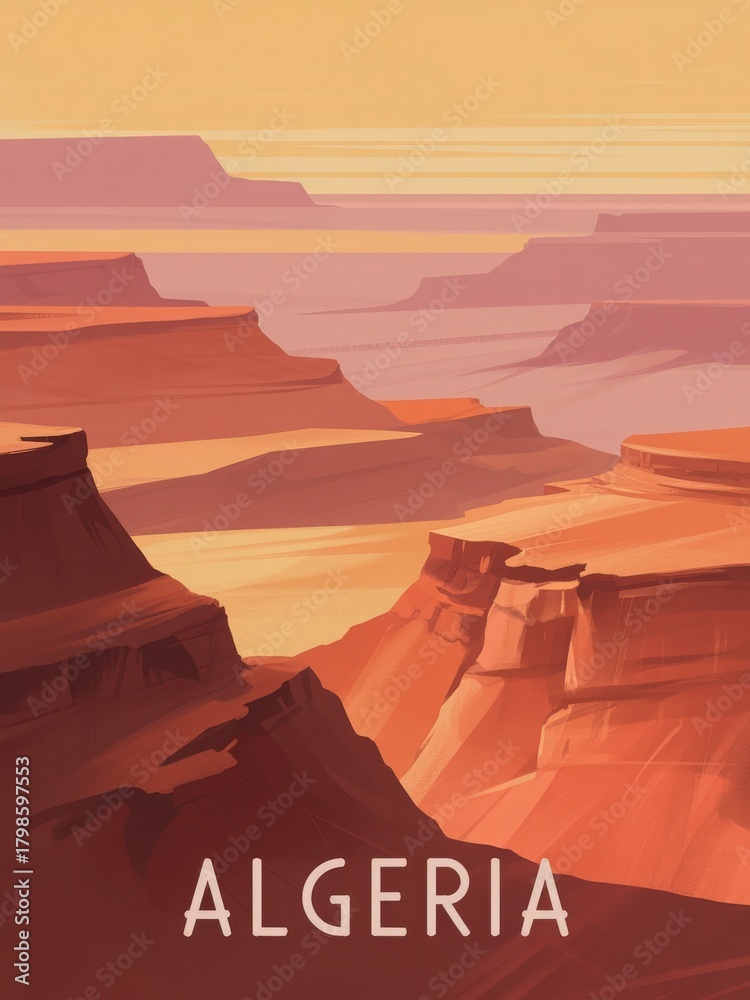 A breathtaking scene reveals the vast and rugged cliffs of Algeria bathed in warm sunset colors. The dramatic layers of rock showcase the beauty of the desert landscape, inviting exploration.