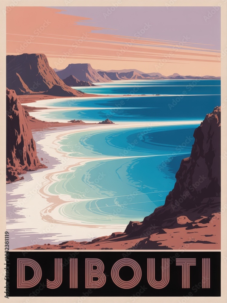 A breathtaking scene showcases the cliffs and turquoise waters of Djiboutis coastline. The calm waves gently caress the shore as the sun sets, casting warm colors across the sky.