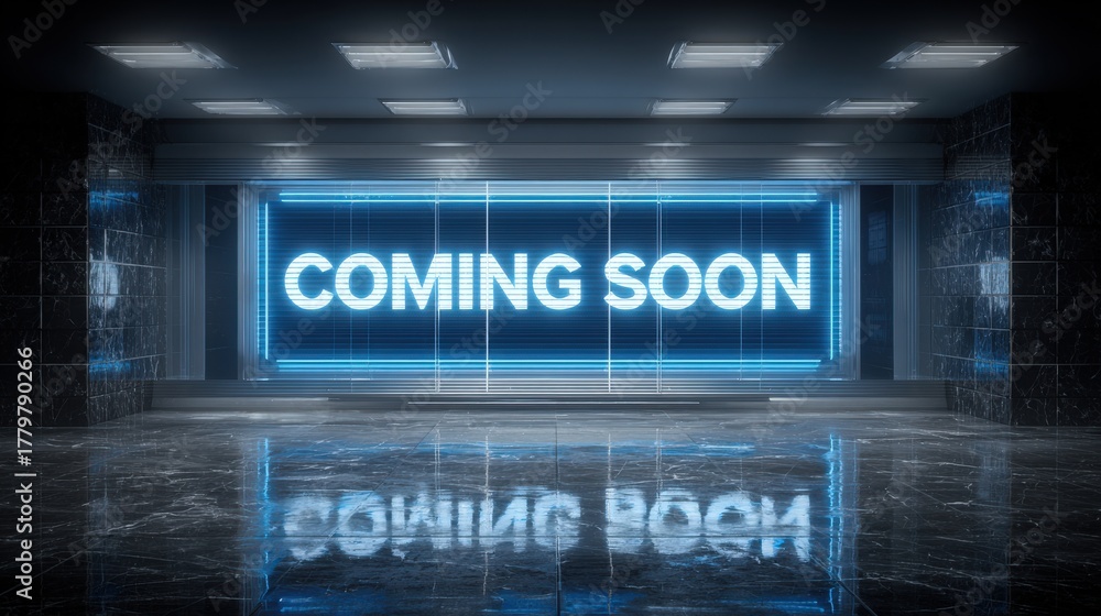 A bright blue coming soon sign illuminates a modern interior space featuring polished black floors and fluorescent lighting. The setting looks futuristic and inviting.