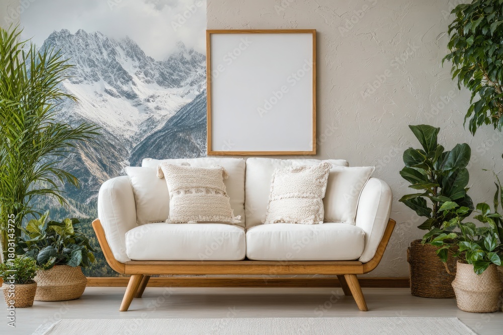 A bright living room features a white couch with decorative pillows, surrounded by potted plants. A stunning mountain view is displayed on the wall, adding natural beauty to the space.